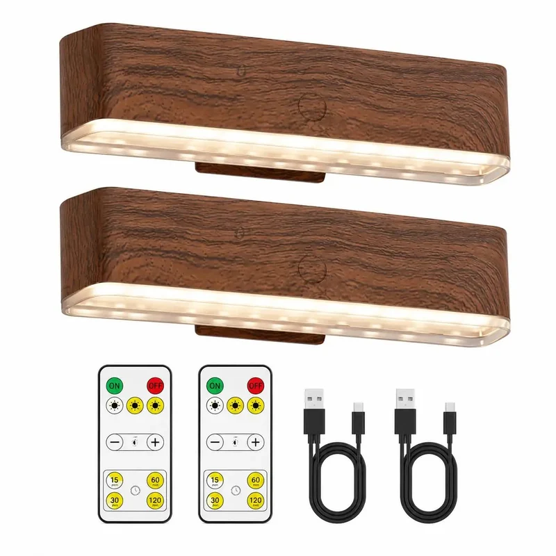Zero Wire Hassle Cordless Wall Sconces Set Of Two Featuring Rechargeable Batteries And Wireless Remotes With Smooth Touch Dimming Three Light Modes Plus Sturdy Magnetic Wood Grain Finish For Bedroom And Gallery Display Setup