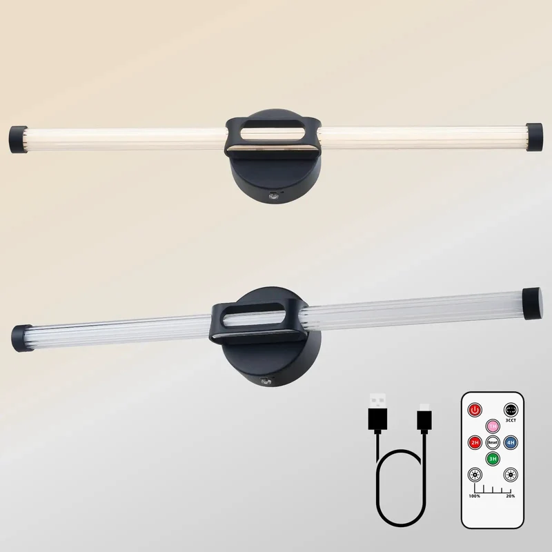 Set Of Two Cordless Rechargeable Wall Sconces, Battery Operated Type-C LED Light With Protection Switch, 22-Inch Black Wireless Accent Lamp For Entryway Stairs Drill-Free Modern Home Glow-Up