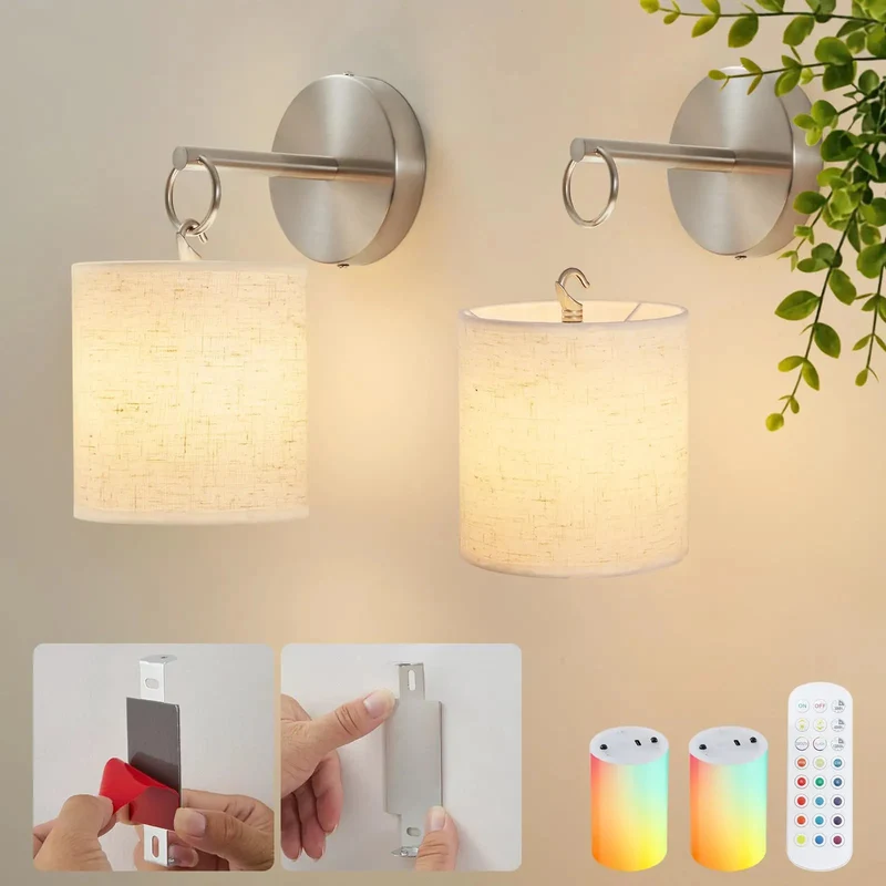 Set Of 2 Peel And Stick Wall Sconces Brushed Nickel Battery Operated Lighting No Drill Install Super Easy Rental Hack Remote Controlled 18W RGB Color Changing Bedroom Glow Up