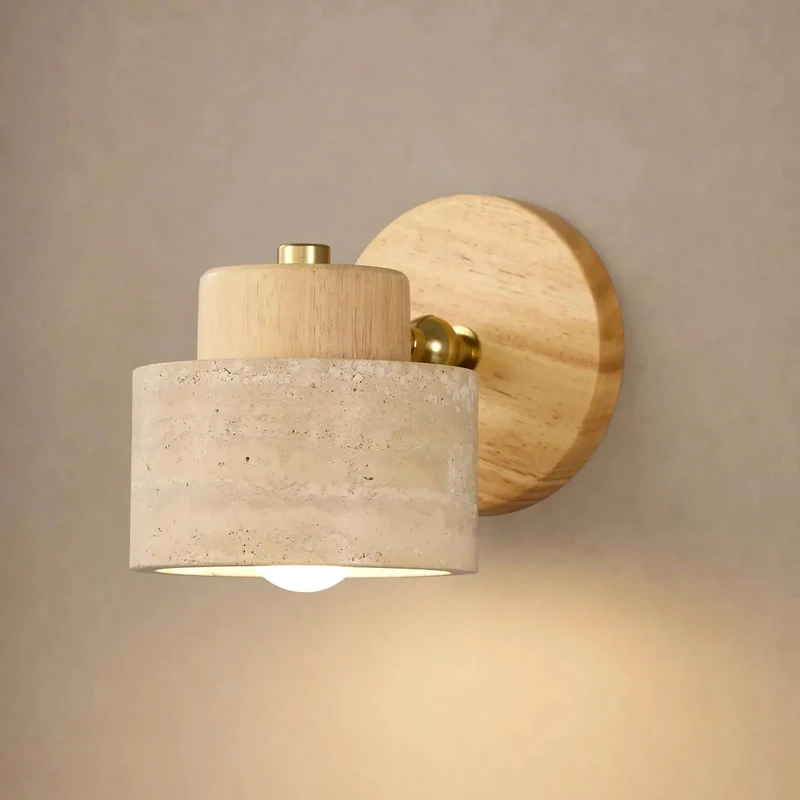 Single Yellow Travertine Wall Sconce With Natural Wood Base And Sleek Metal Frame Offers Rock Solid Durability For A Killer Living Room Vibe And Top Notch Ambient Lighting