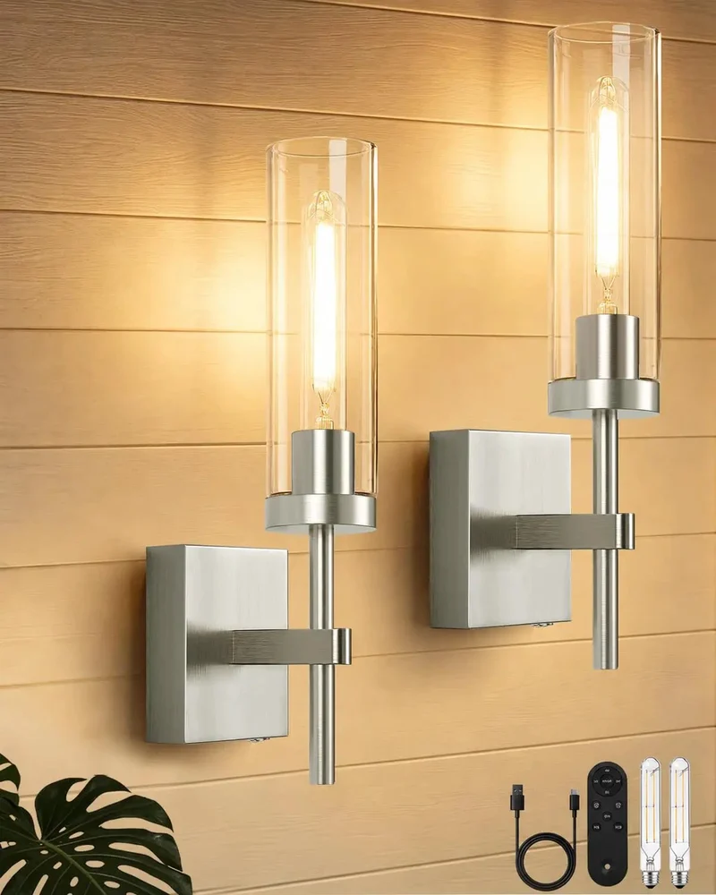 Cordless Brushed Nickel Wall Sconces With Remote And 10000mah Rechargeable Battery Set Of 2 Dimmable Wireless Wall Lights For Bedroom Living Room Bathroom Hallway Hassle Free Setup