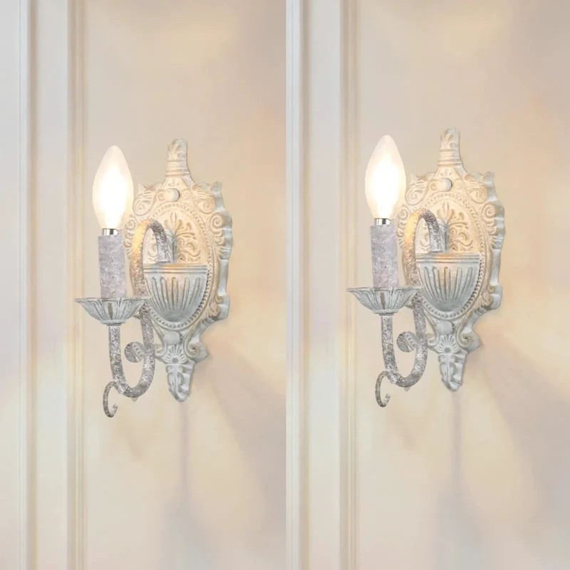 Vintage Farmhouse Wall Sconce 2-Pack Distressed White Metal Wall Lamps With Realistic Wood Grain Texture Indoor Bedroom Lighting Antique Rustic Decor For Cozy Vibes Wall Mounted Art Light Fixture For Home Accents