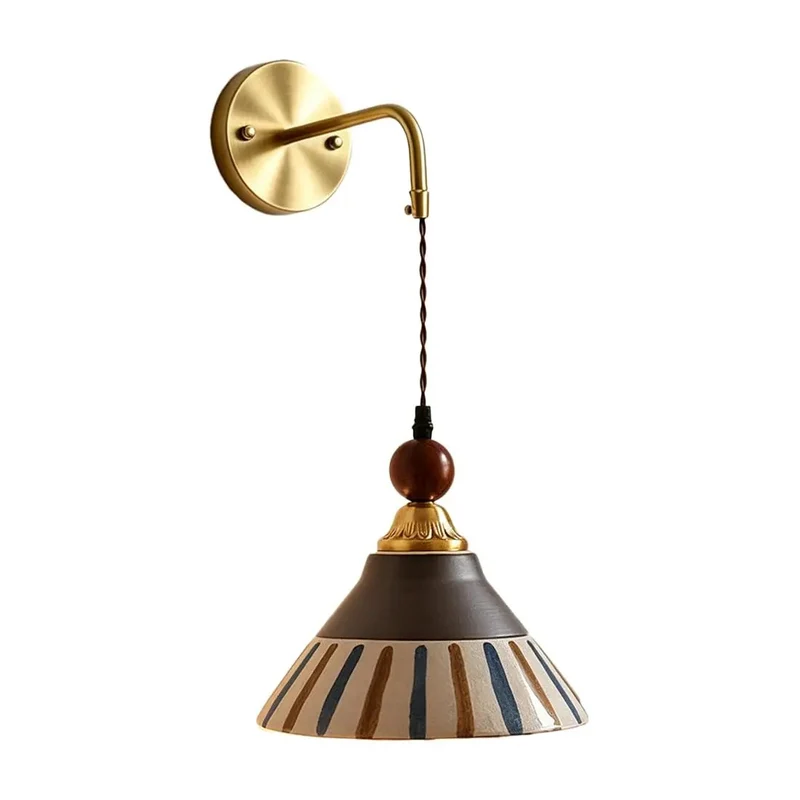 Premium Vintage Gold Ceramic Wall Sconce Featuring Sturdy Brass Frame And Hand Painted Striped Shade Designed To Serve Hella Cool Retro Vibes And A Slick Glow For Modern Spaces