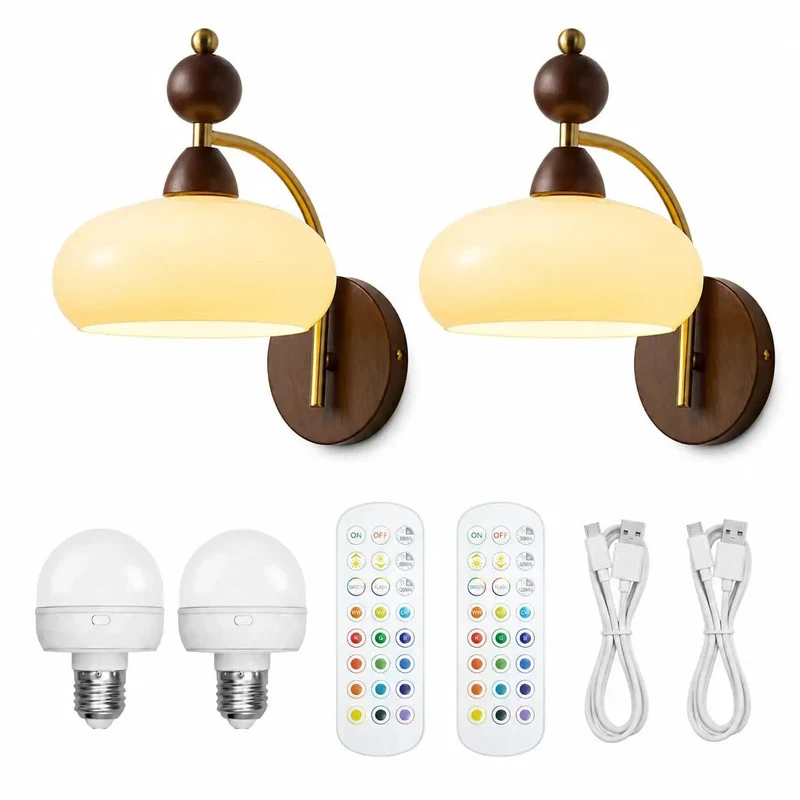 Two Pack Slick Mid Century Wooden Wall Sconces Featuring Hella Warm RGB LED Glow And Smooth Wireless Charging Rechargeable Bedroom Accent Lamps For Modern Home Decor And Living Room Vibes