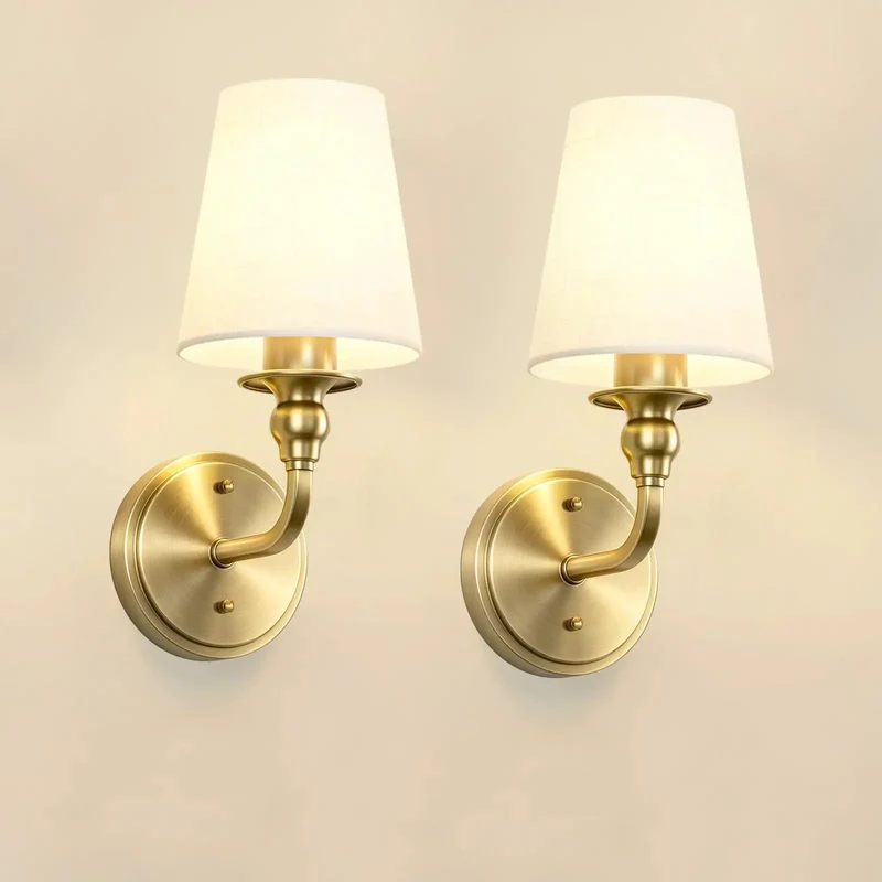 Top Shelf Wall Sconces Set Of Two Featuring Brushed Gold Frame And Soft White Linen Shade Solid Pick For Modern Bathroom Bedroom Or Hallway Vanity Lighting Adding Clean Farmhouse Charm To Authentic Americana Decor Vibe