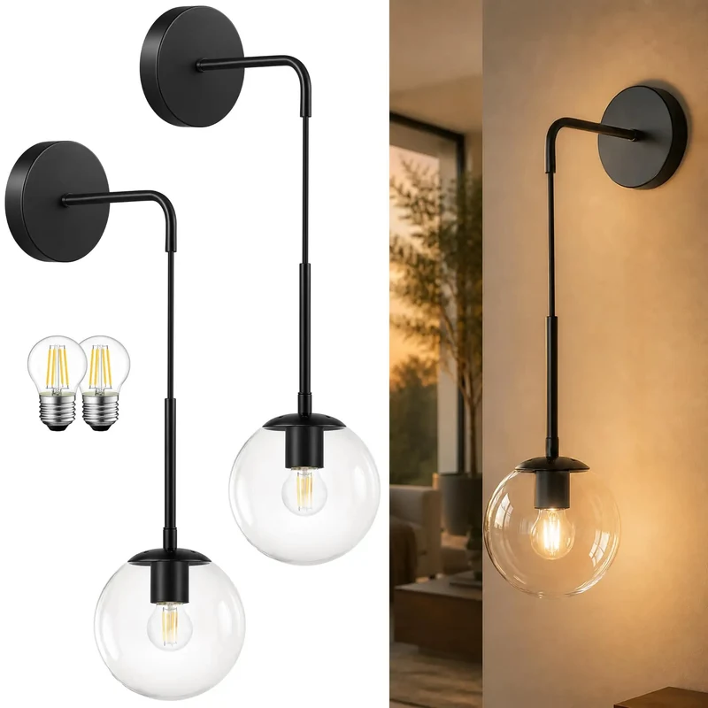 Super Sleek 2 Pack of 6 Inch Black Metal Wall Sconces With Hanging Cord and Included Bulbs Add Badass Modern Vibes to Bedroom Living Room Hallway With Clean Spherical Design