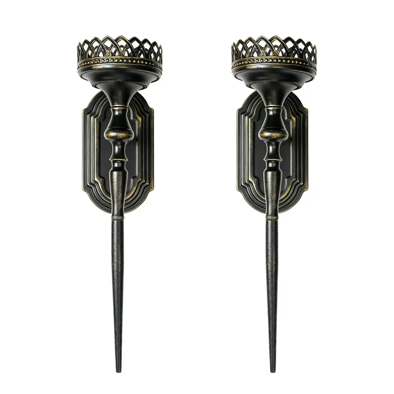 Set Of Two Gothic Pillar Candle Wall Sconces With Hella Dope Lattice Crown Details And Solid Medieval Metalwork Creating A Kickass Shield Backplate Display For Your Cozy Living Space