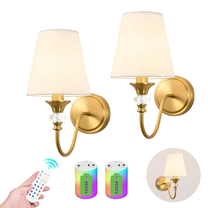 Set Of Two Rechargeable Battery Operated Wall Sconces With 10000Mah Rgb Dimmable Remote And 15 Colors For Bedroom And Bathroom Featuring Slick Gold Finish And Easy Peasy Cordless Setup