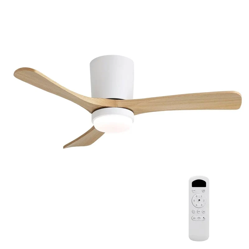 Slick 42 Inch Low Profile Ceiling Fan With Matte White Trim And Natural Wood Blades Flush Mount Hugger Design Run Smooth Reversible DC Motor Handy Remote Plus Lock In Timer And Vivid Dimmable Led Room Glow