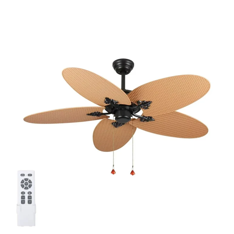 52 Inch Tropical Palm Leaf Ceiling Fan No Light 5 Hand Woven Rattan Blades Reversible Whisper Quiet DC Motor Remote Control Pull Chain Dual Mount Indoor Bedroom Coastal Farmhouse Boho Beach Vibe Super Chill Style All Day Long