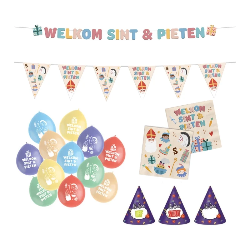 Welkom Sint en Pieten letterslinger, vlaggenlijn, servetten en ballonnen (pakket 20)