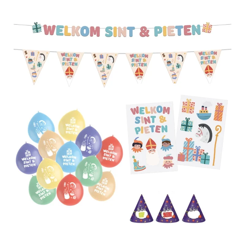 Welkom Sint en Pieten letterslinger, vlaggenlijn, raamstickers en ballonnen (pakket 19)