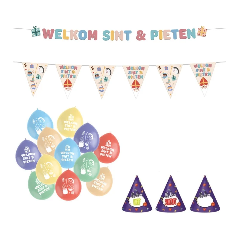 Welkom Sint en Pieten letterslinger, vlaggenlijn en ballonnen (pakket 18)