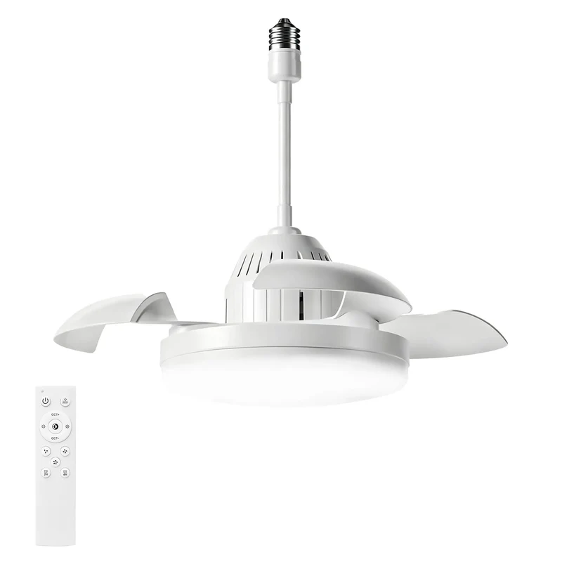 Small Ceiling Fan With Retractable Blades And Built In Light Remote Control Slick DC Motor Reversible Summer Winter Operation Clean Energy Efficient Indoor Setup White Smooth Space Saving Profile