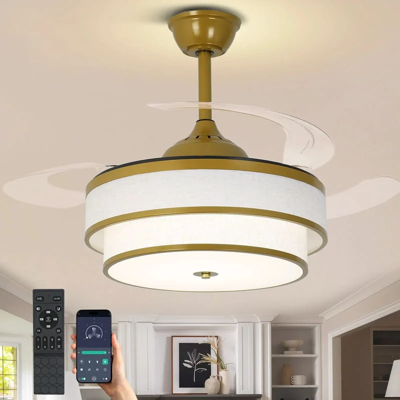 48 Inch Retractable Ceiling Fan With Light And Remote 2 Tier Fabric Drum Chandelier Style White Linen Shade Gold Trim Bedroom Vibe Maker Slick Airflow Smooth Operation Modern Home Glow Up Top Tier Decor