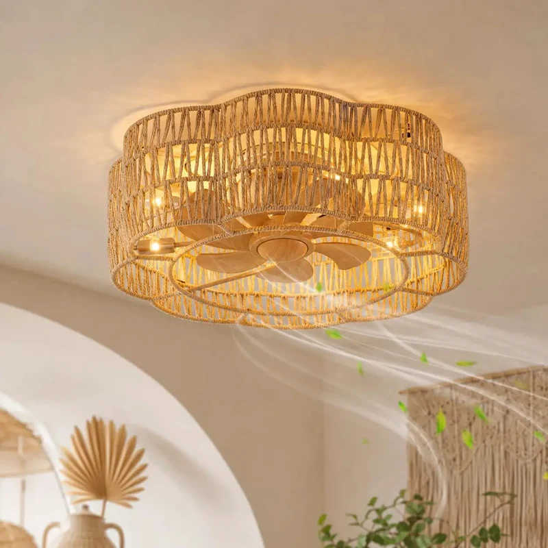 Boho Caged Ceiling Fan Rgb Led Lights Bedroom Living Room Adjustable Speed Dimmable Ambient Glow Vibe Check Decorative Home Fixtures Yellow Twines Kickin Airflow