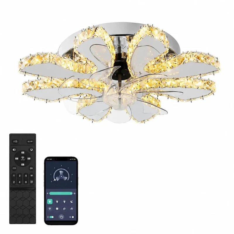 Beautiful Flower Shaped Crystal Ceiling Fan With Bright LED Light And Polished Chrome Exterior Offers Flexible Control Through Remote Or Bluetooth App For Hella Smooth Cooling Wicked Cool Style And Major Lifestyle Flex