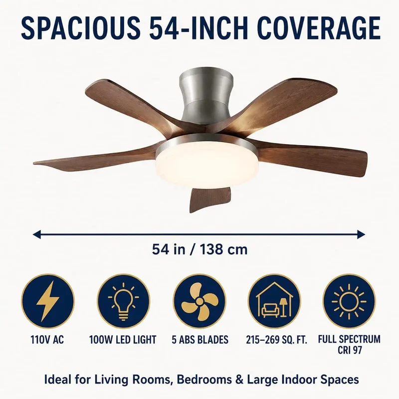Modern Low Profile Ceiling Fan With Light Featuring Smooth 54 Inch Wood Grain Abs Blades With Top Shelf 100W Full Spectrum Led Illumination And Solid Airflow For Chill Living Rooms And Bedrooms