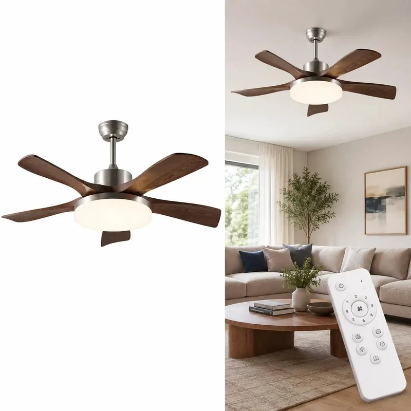 Modern 46 Inch Walnut Ceiling Fan Bringing Breezy Comfort And Zero Fuss Remote Operation Featuring Six Speed Settings A Powerful One Hundred Watt Led Light With Three Color Options Rock Built ABS Blades For Living Rooms