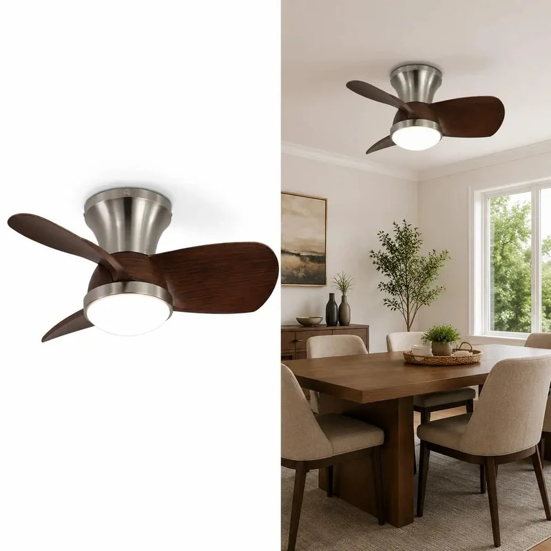 Solid Choice Walnut Flush Mount Ceiling Fan With A Whisper Quiet DC Motor And Three Reversible Blades Made For Low Ceilings Provides Six Chill Speeds Dimmable LED Light And Remote