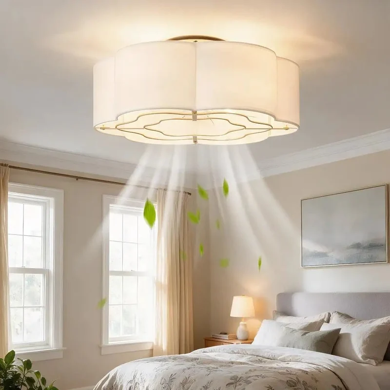 Kick Back 20 Inch Caged Ceiling Fan With Built In Light And Flush Mount Design That Pulls Smooth Cool Air Making The Sweet Spot For Bedrooms And Living Rooms With Boho Iron Frame And Cotton Fabric Shade To Bring Chill Coastal Vibes