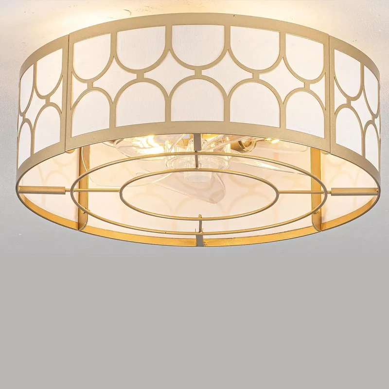Straight Up Stylish Slick Flush Mount Caged Fandelier Ceiling Fan With Integrated LED Lighting Clean Modern Glam Vibe Premium White Finish And Gold Wire Cage Indoor