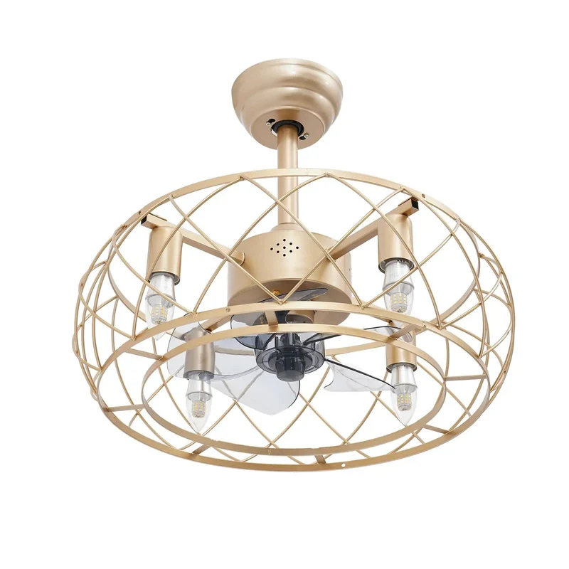 Heavy Duty Gold Iron Cage Ceiling Fan With Warm Light And Wireless Remote Silent Brushless Copper Motor For Bedroom No Noise Drama Straight Fire Smooth Operation For Ultimate Chill Vibes