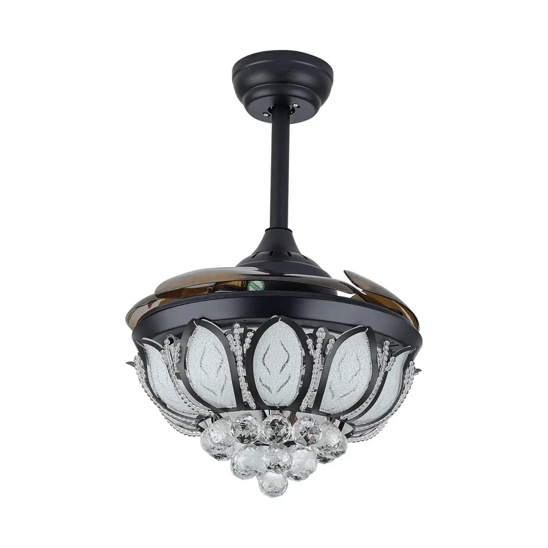 Modern Ceiling Fan With Elegant Crystal Pendant Lights And Retractable Hidden Blades Six Speed Settings Hella Smooth Airflow Killer Breeze Slick Finish For Living Rooms