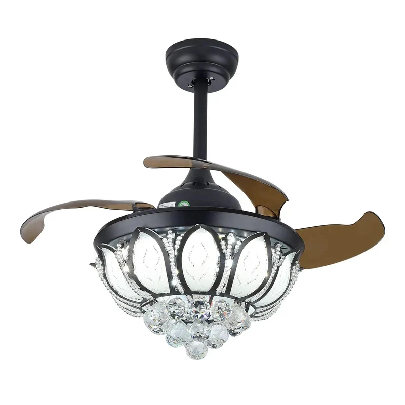 Modern Ceiling Fan With Bright Glow And Retractable Blades Six Speed Touch Control Crystal Accent Trim Warm Neutral Cool Bulb Straight Up Sleek Home Setup Game Changer For Any Living Room