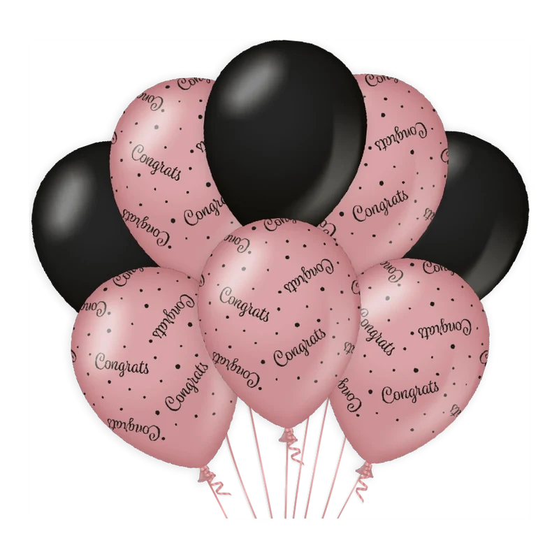Congrats versiering/ decoratie ballonnen rose goud en zwart, 8 stuks 30cm