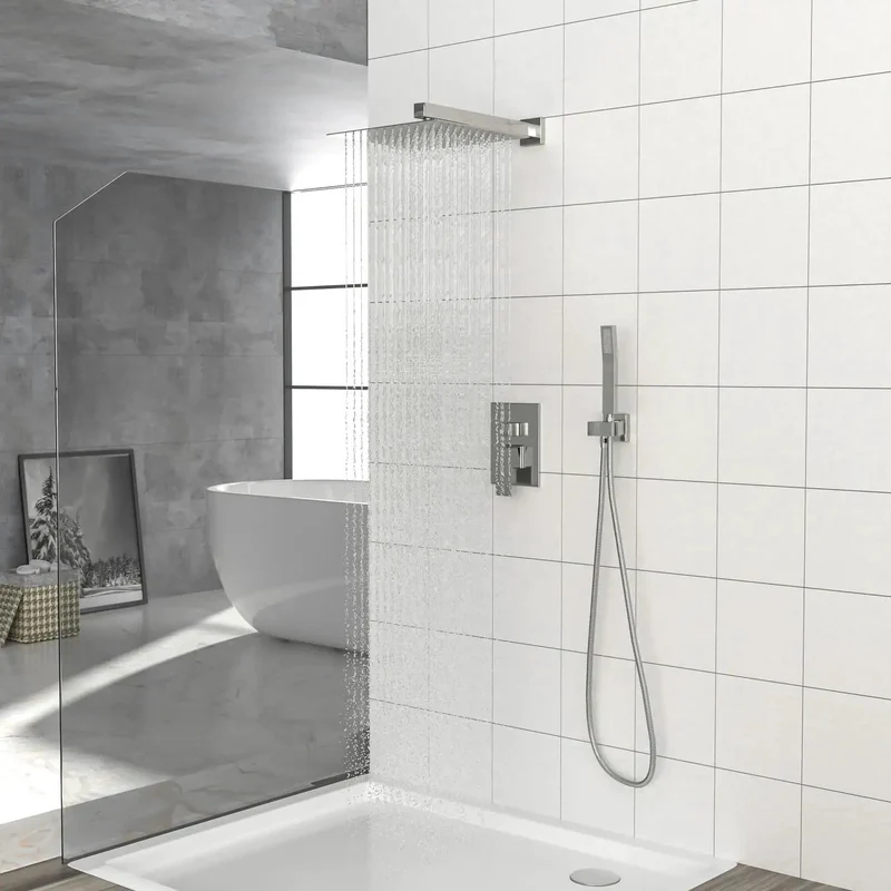 Smooth Operator Wall Mounted Square Shower System With Brushed Nickel Finish Featuring Adjustable Rain Spray And Rust Proof Control Hardware For A Tight Setup