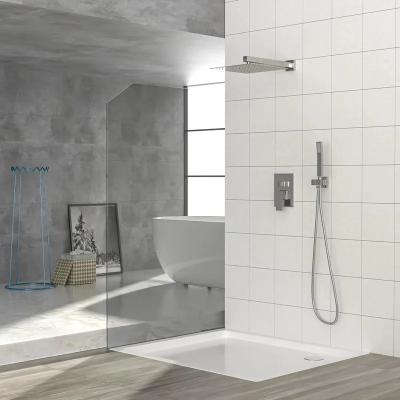 Wall Mounted Square Rainfall Shower System With Heavy Duty Stainless Steel And Rock Solid Brass Frame Featuring Slick Brushed Nickel Finish Adjustable Water Flow And Snazzy Handheld Combo For Your Sweet Bathroom Upgrade