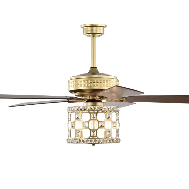 Top Tier 52 Inch Matte Gold Ceiling Fan With Glowing Crystal Chandelier Light And Reversible Cherrywood Grey Wood Blades For Effortless Room Vibes And Smooth Breeze