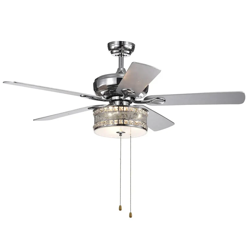 Top Tier 52 Inch Ceiling Fan With Reversible Silver Wood Blades And Fire Crystal Drum Light For Smooth Silent Spin And Modern Decor That Levels Up Your Entire House Instantly