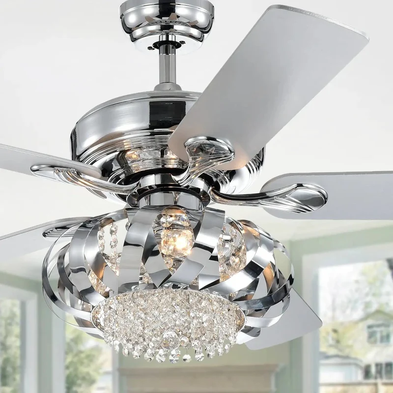 Slick Silver Fifty Two Inch Ceiling Fan With Bright Chandelier Lamp And Smooth Wireless Remote Featuring Reversible Wooden Blades For Your Modern Home Cool Vibe Setup