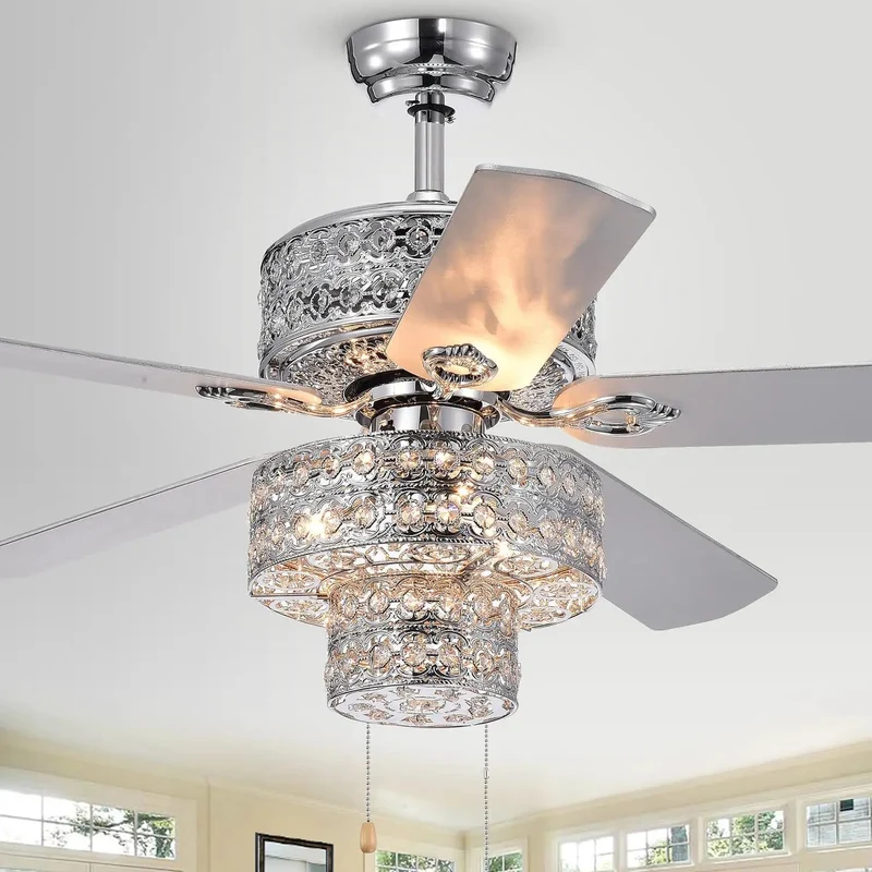 52 Inch Silver Chandelier Ceiling Fan Featuring Reversible Blades And Whisper Quiet Operation Straight Up Perfect For Freshening Your Space While Delivering Top Shelf Smooth Airflow And Clean Modern Style