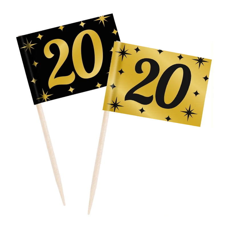 Cocktail prikkers 20 jaar zwart - goud - 50 stuks