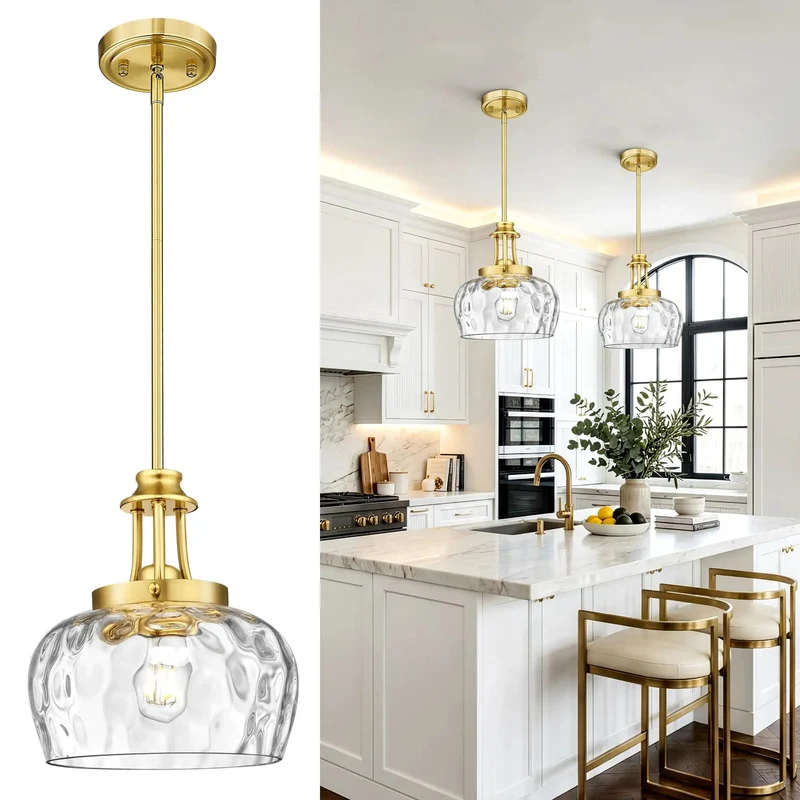 Hella Stylish 10 Inch Brushed Gold Pendant Light With Crisp Ribbed Glass Shade And Super Flexible Drop Rods For Dead Simple Setup In Modern Farmhouse Kitchens Dining Rooms Or Entryways