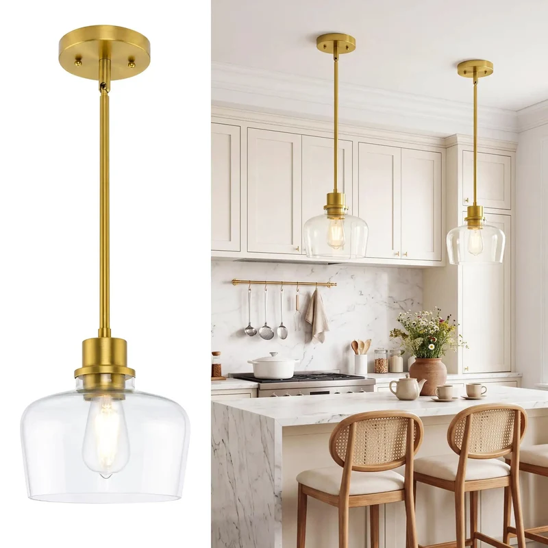 Straight Fire Eight Inch Brushed Gold Pendant Lighting For Kitchen Island And Dining Room With Crystal Clear Glass Shade And Fully Adjustable Hanging Rods For Modern Home Decor