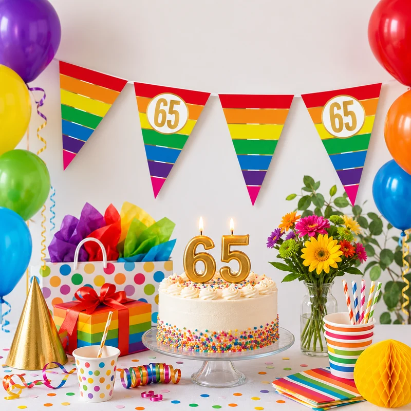 Vlaggenlijn regenboog goud 65 jaar - 5m (15 vlaggen)