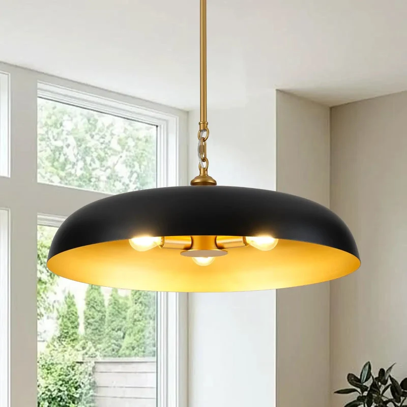 Twenty Point Five Inch Matte Black And Gold Dome Chandelier Three Light Pendant With Adjustable Chain Sleek Industrial Chic Lighting Fixture Smooth Install High Impact Room Upgrade For Home Centers