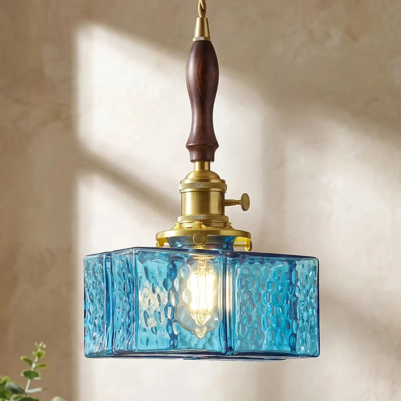 Straight Up Stunning Vintage Pendant Light With Blue Rectangular Hammered Glass And Brushed Brass Hanging Fixture Featuring A Super Long Cord That Hits Different In Farmhouse Kitchens And Dining Rooms