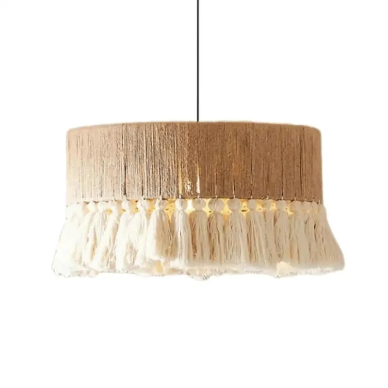 Handwoven Hemp Rope Pendant Light With Cotton Tassel Shade Brings Laid Back Vibes To Your Spot Adjustable Suspension Cord Matches E27 Fixture Ideal For Cozy Rooms Or Casual Hangout Spaces