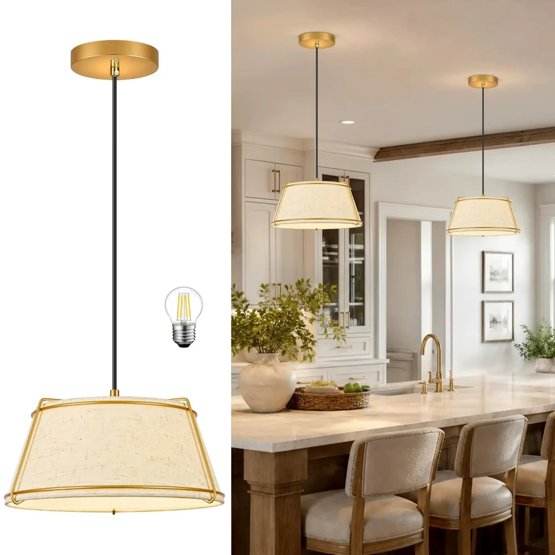 Super Chic Gold Linen Drum Pendant Light With Adjustable Height And Included Bulb Fits The Vibe For Dining Rooms Living Spaces And Bedrooms Super Easy Install