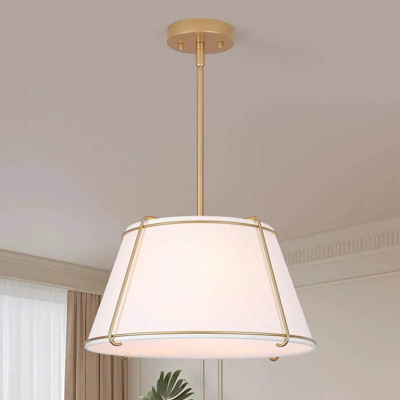 Fresh Vibe 16 Inch White And Gold Drum Pendant Light With Textured Linen Tapered Shade Brushed Metal Frame Polished Hardware And Clean Lines For A Top Tier Home Décor Upgrade Or Game Changing Centerpiece