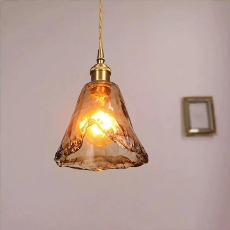 Chic Amber Wavy Glass Pendant Light With Vintage Brass Holder And Fully Adjustable Cable For Cozy Kitchen Island Bedroom Dining Room Ceiling Fixture With E26 Socket And Hassle Free Install