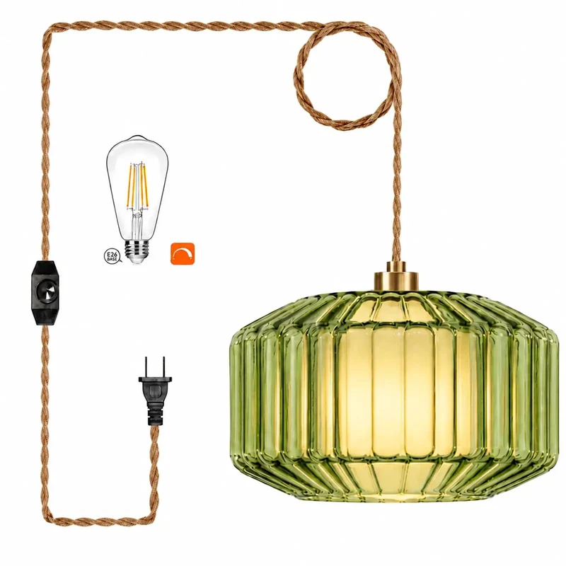 Chic Green Drum Glass Plug In Pendant Light With Fabric Inner Shade And Gold Swag Cord. Vintage Mid Century Modern Boho Ceiling Hanging Lamp For Bedroom Living Room. Dimmable Easy Install Glow Up Your Space With This Stunning Dual Layer Design.