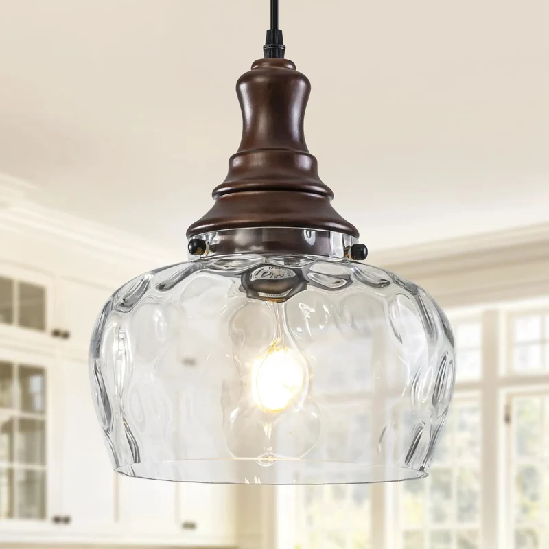 Awesome Vintage Hammered Clear Glass Pendant Light Fixture With Walnut Upper Housing Great For Kitchen Islands And Dining Rooms Adjustable Ceiling Lamp Providing Charming Diffused Ambiance Today