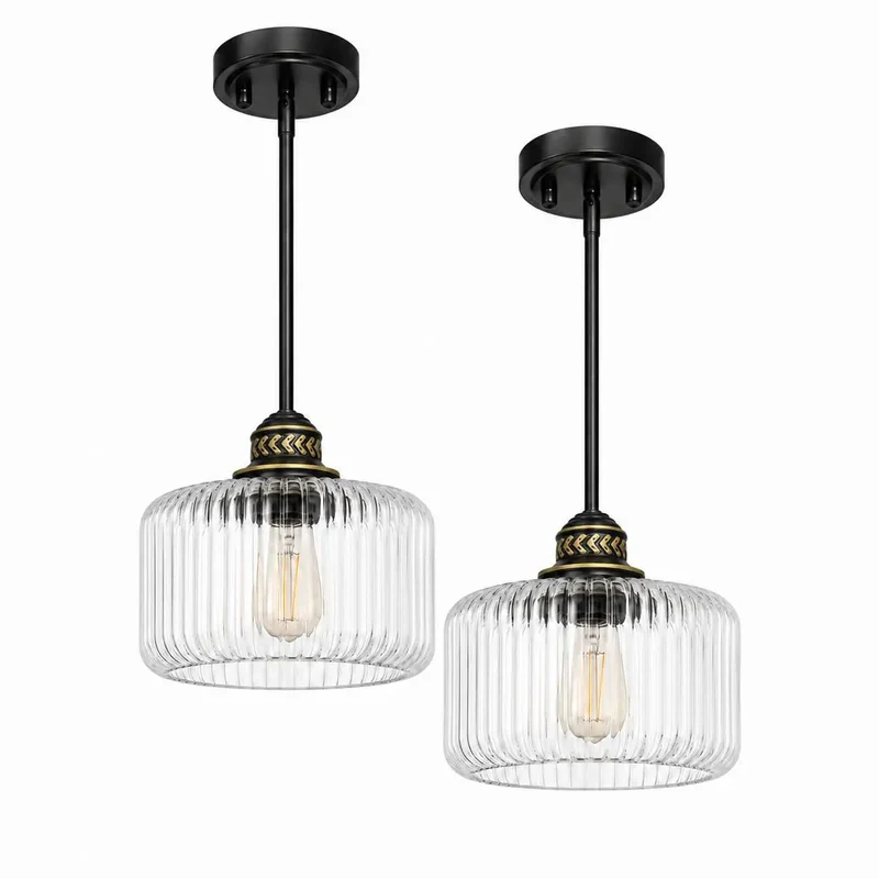 Snag These Slick 2 Pack Ribbed Glass Pendant Lights That Bring Big Vibe To Kitchen Islands And Dining Rooms With Matte Black Metalwork And Totally Adjustable Hanging Heights For Real Fast Setup