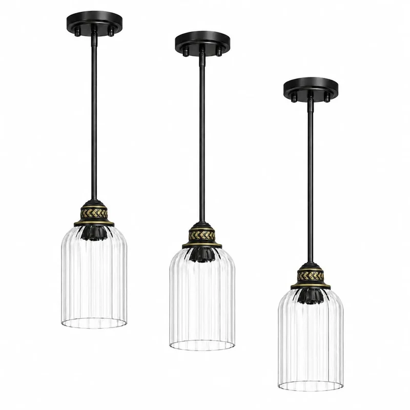 Top Tier 3 Pack Kitchen Island Pendant Lights With Ribbed Fluted Glass And Black Gold Accents Heavy Duty Ceiling Lamps Badass Modern Look Knockout Finish For Dining Tables And Breakfast Bars